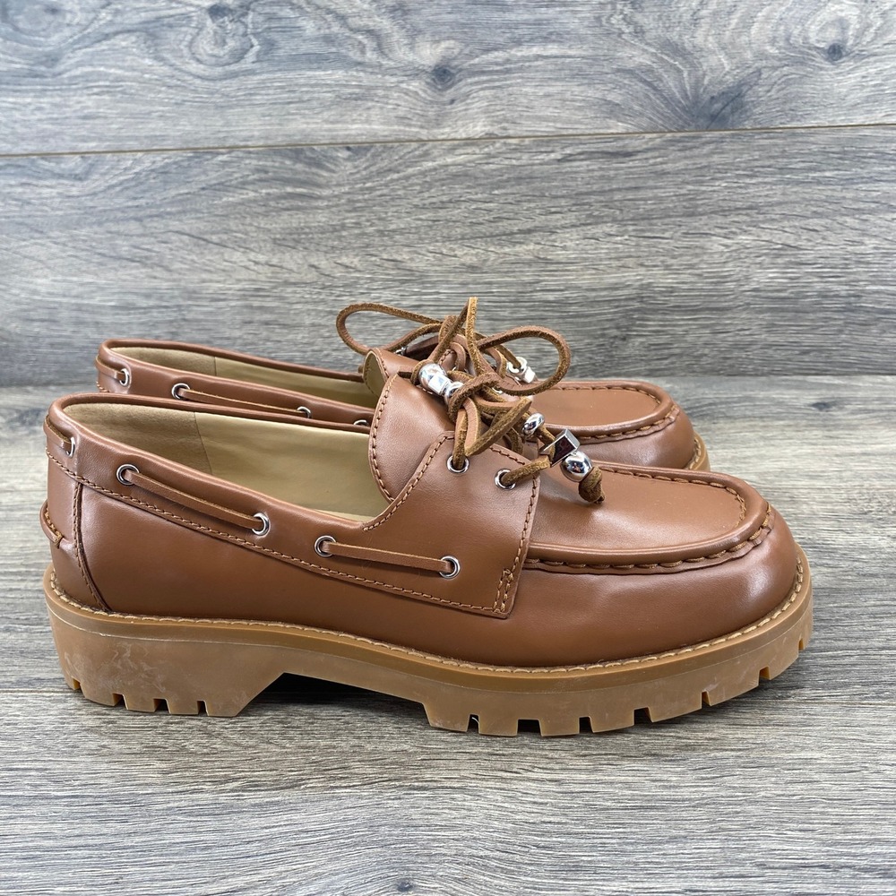 Michael Kors Boat Shoes Women 7M Tan Leather Chunky Lug Sole SG25H Loafers - Picture 2 of 9